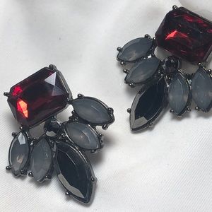 Vintage Earrings with Gray, Red, and Black Gems